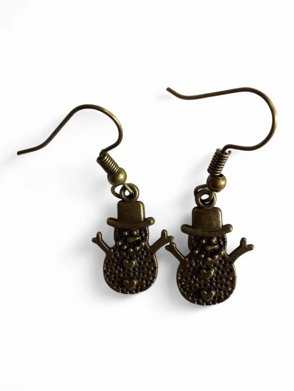 Handmade Bronze Snowman Earrings Cute Winter Holiday Jewelry ❄️☃️ - Picture 5 of 5